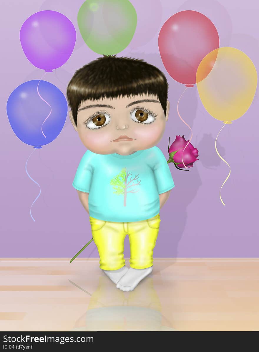 Toddler Boy with sad eyes holds a flower behind his back. Toddler Boy with sad eyes holds a flower behind his back