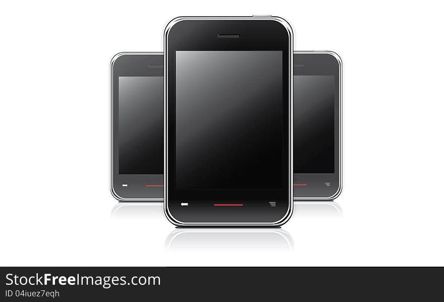 Vector realistic mobile phones in black on a white background with reflection. Vector realistic mobile phones in black on a white background with reflection.