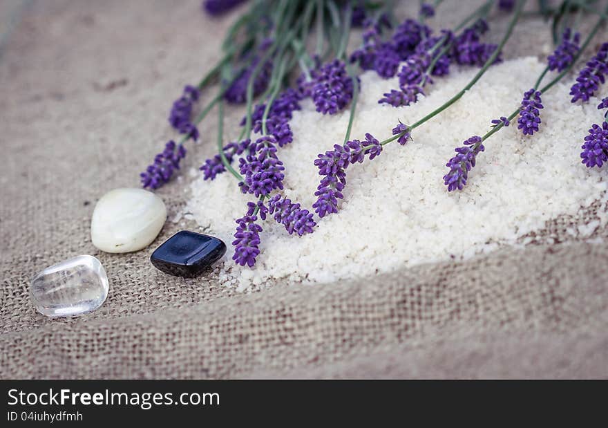 Lavender and mineral crystals in spa concept. Lavender and mineral crystals in spa concept