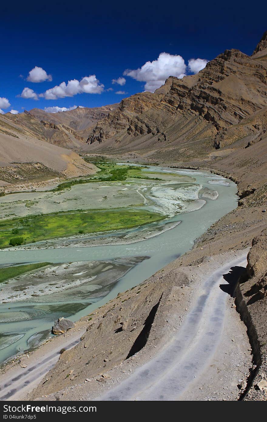 Mountain landscape with river. Zanskar