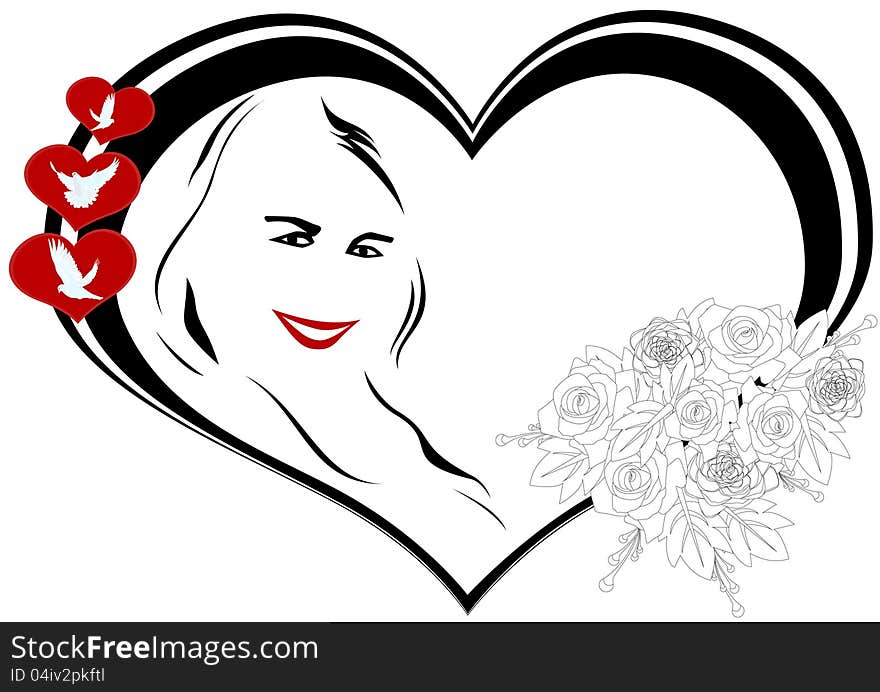 The contour of the face a young girl in an abstract frame of hearts. The illustration on a white background. The contour of the face a young girl in an abstract frame of hearts. The illustration on a white background.