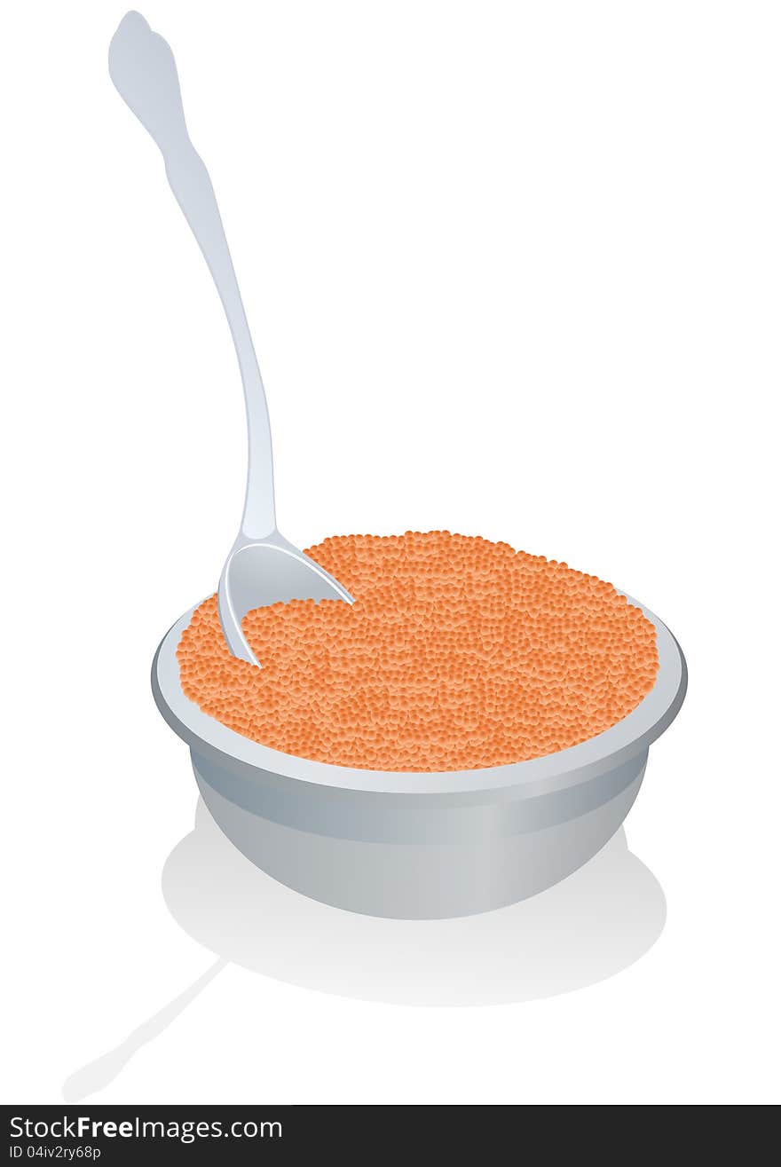 A cup and a spoon with red caviar. The illustration on a white background.