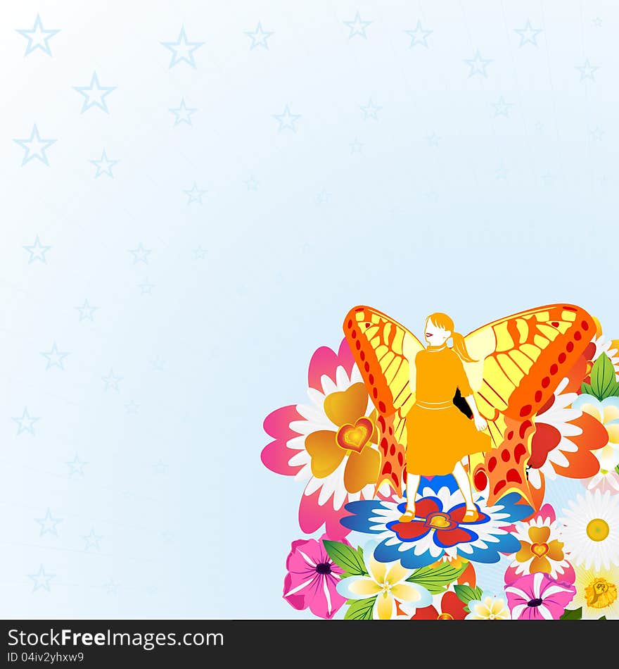 Fairy with butterfly wings stands on a bouquet of flowers. Fairy with butterfly wings stands on a bouquet of flowers