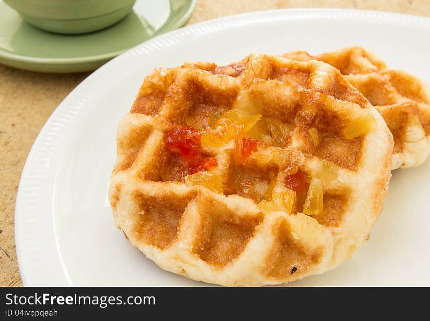 Mixed fruit waffles on dish