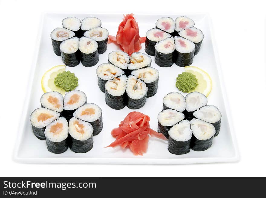 Serving traditional Japanese sushi on white background