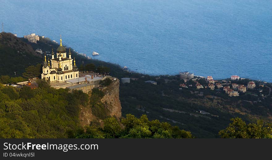 Travel religion nature background. Church marble of christ resurrection on coast of black sea in beautiful Foros of Crimea in Ukraine.