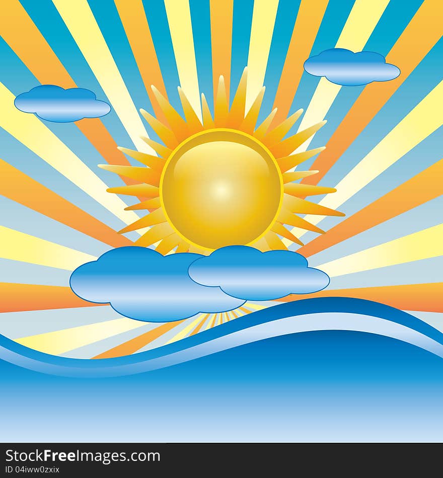 Sun with cloud vector and waves