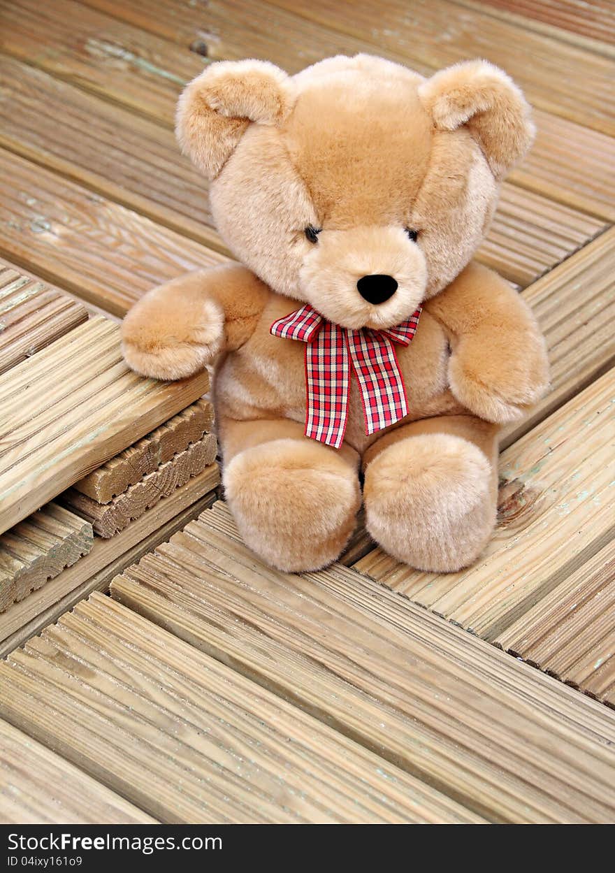 Photo of a gorgeous soft brown teddy bear enjoying his newly laid decking!. Photo of a gorgeous soft brown teddy bear enjoying his newly laid decking!