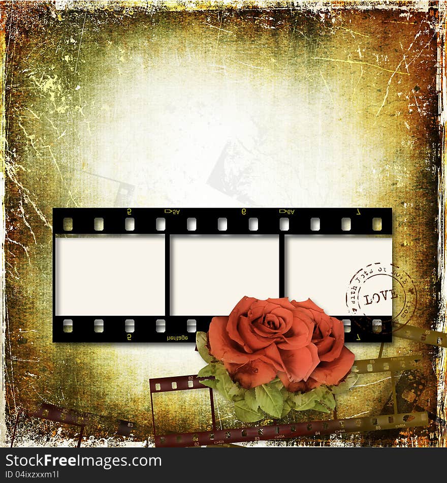 Grunge Background With Film Frame And Roses