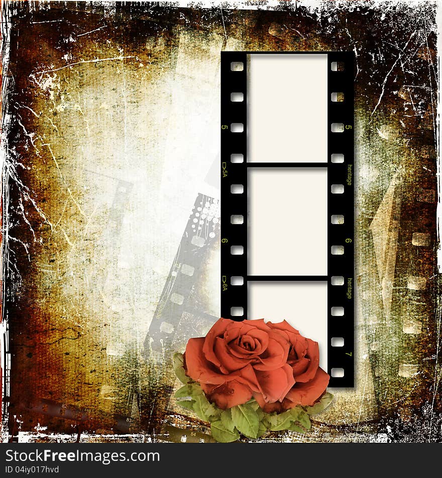 Grunge Background With Film Frame And Roses