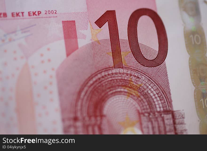 Detail € 10 banknote with a magenta cast