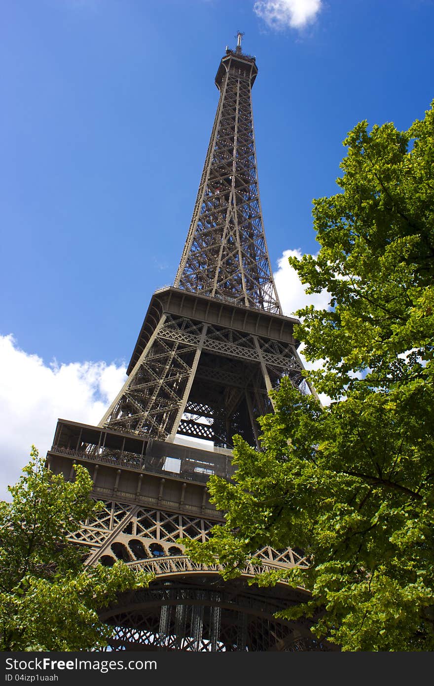 The Eiffel Tower, view from the base. The Eiffel Tower, view from the base