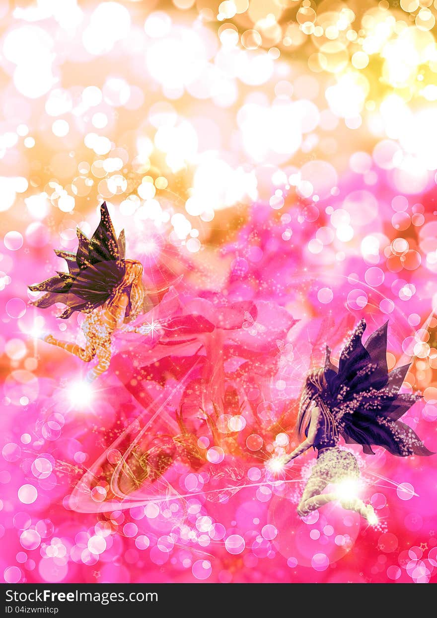 Flowers bokeh and fairies abstract light background. Flowers bokeh and fairies abstract light background.