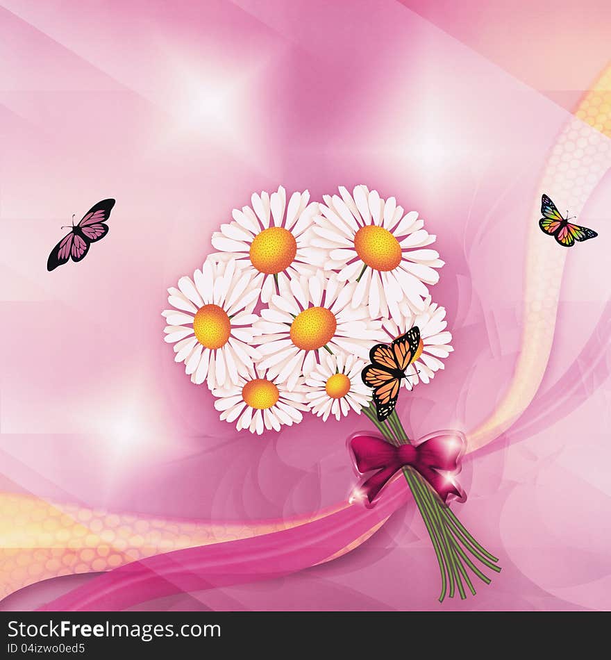 Illustration of colorful floral composition with camomiles and butterflys. Illustration of colorful floral composition with camomiles and butterflys.