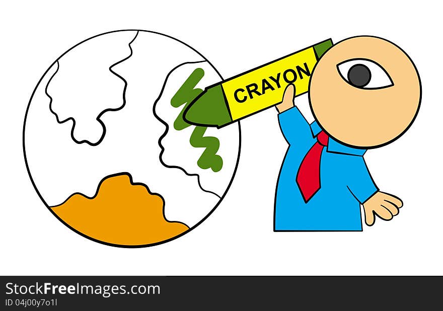 Illustration of a cartoon character coloring the world with a crayon. Illustration of a cartoon character coloring the world with a crayon