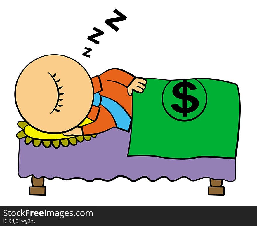 A funny illustration of a business man sleeping with a dollar blanket. A funny illustration of a business man sleeping with a dollar blanket