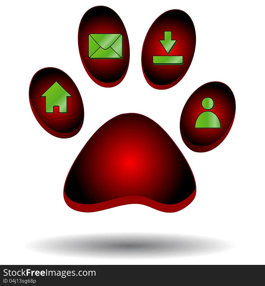 Red paw of an animal with web icons