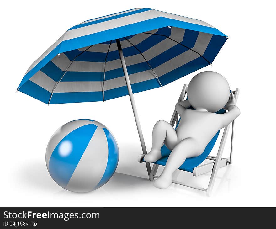 A person lying on a lounge chair enjoying his holiday under an umbrella at the beach. A person lying on a lounge chair enjoying his holiday under an umbrella at the beach