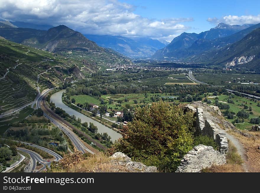 View of the fertile valley in the Swiss Alps