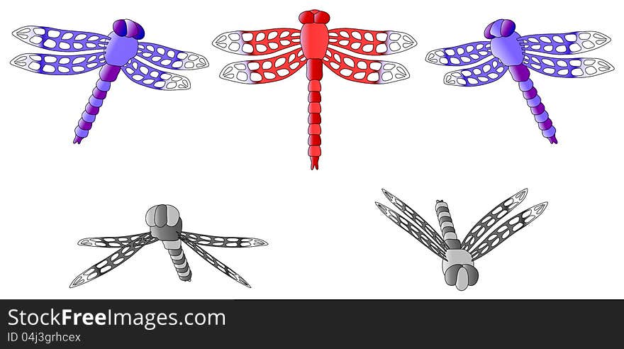 Dragonfly set (5 different views, 3 different colors). Modeled in 3D.