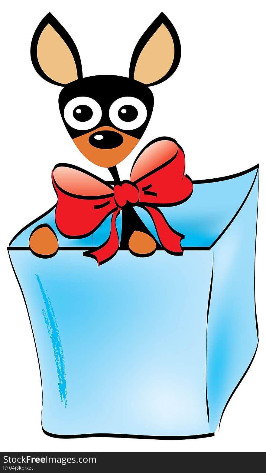 Doberman puppy with red bow in a box vector illustration. Doberman puppy with red bow in a box vector illustration