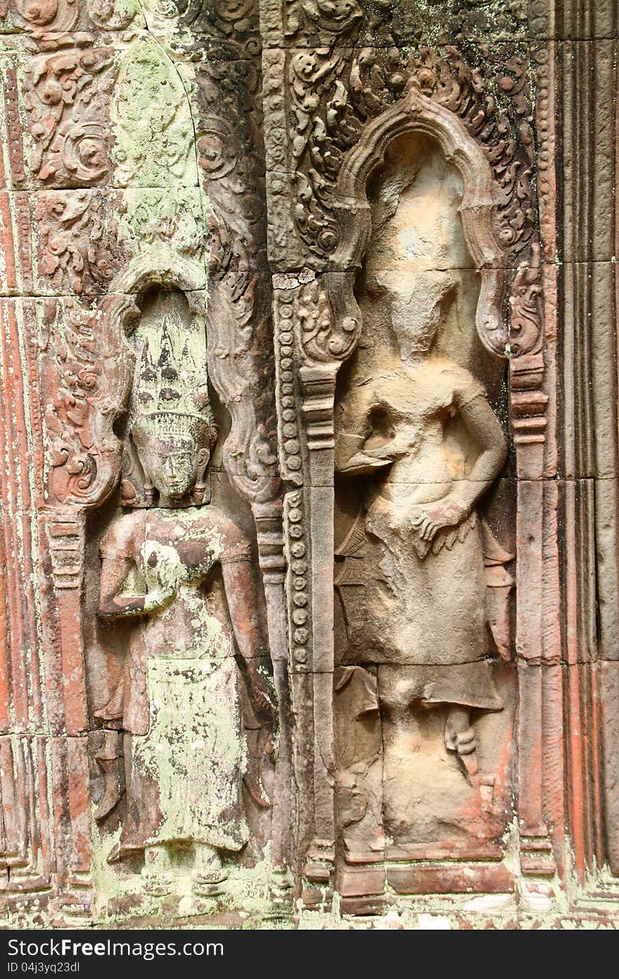 Apsara sandstone carving at Ancieht Ta Prohm Prasat, Siamreap, Khmer Republic