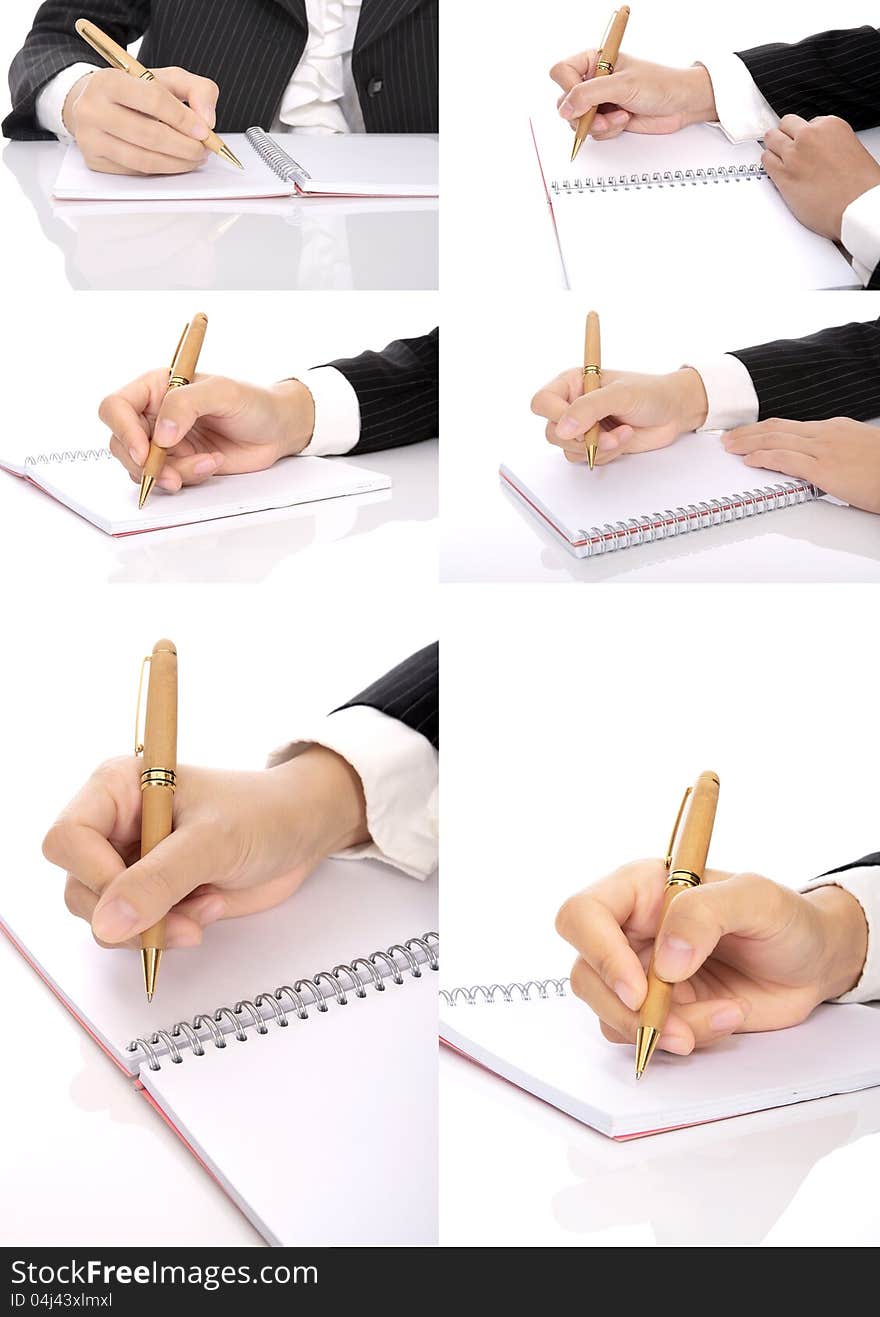 Set of business woman writing on the notebook. You can put your message on the paper. Set of business woman writing on the notebook. You can put your message on the paper