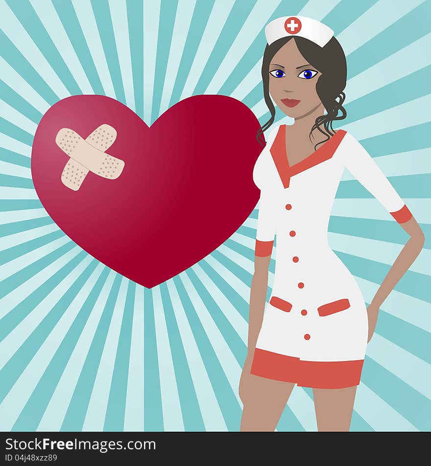 Pretty nurse and a heart with plaster on a green background