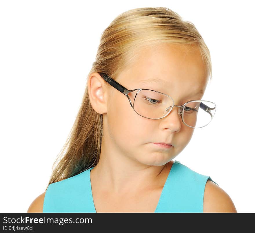 Pretty sad girl , looking down, isolated on white. Pretty sad girl , looking down, isolated on white