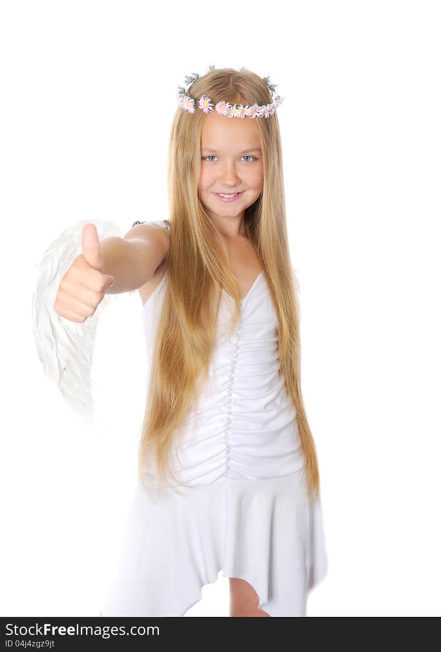 Blong girl dressed like an angel,showing thumbs up sign against white background. Blong girl dressed like an angel,showing thumbs up sign against white background