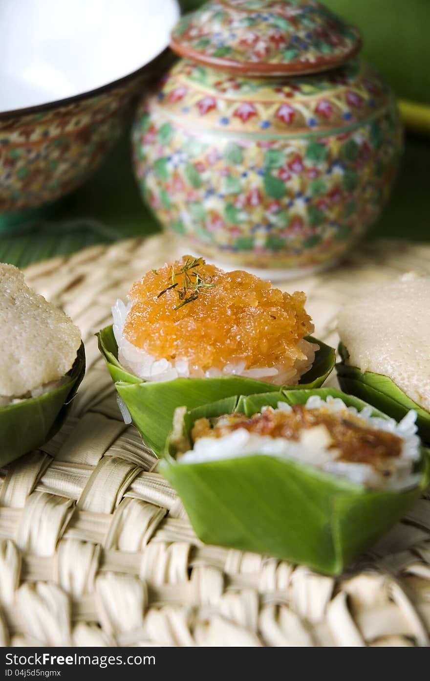 Dessert in banana leaf cup