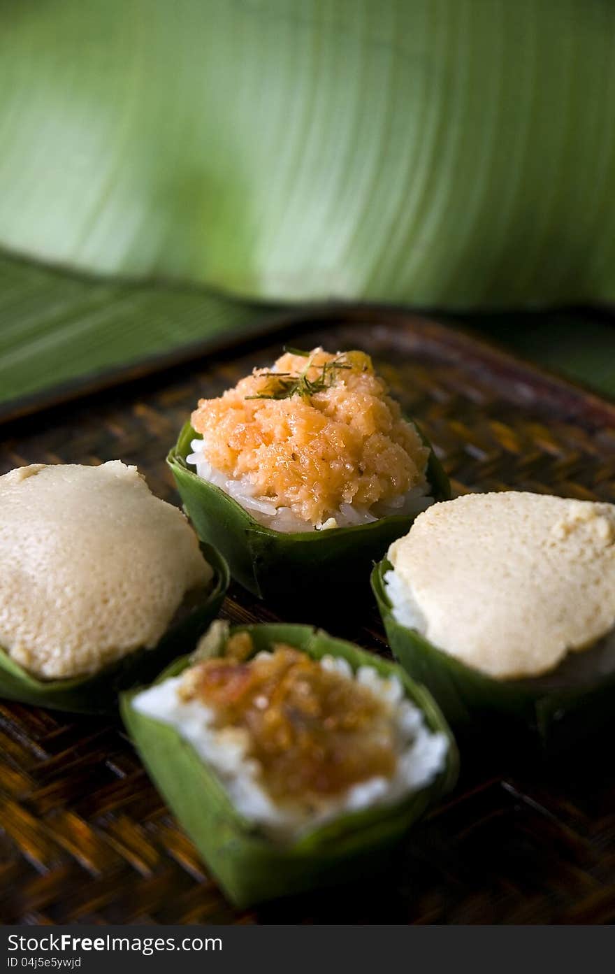 Group of Thai dessert, sweet sticky rice with topping