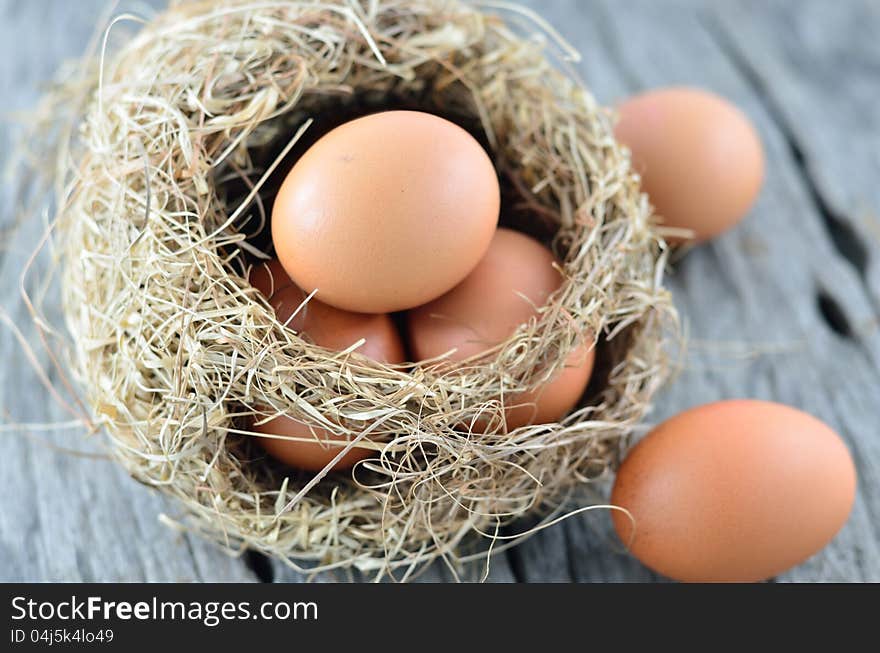 Macro shoot of brown eggs with wood background