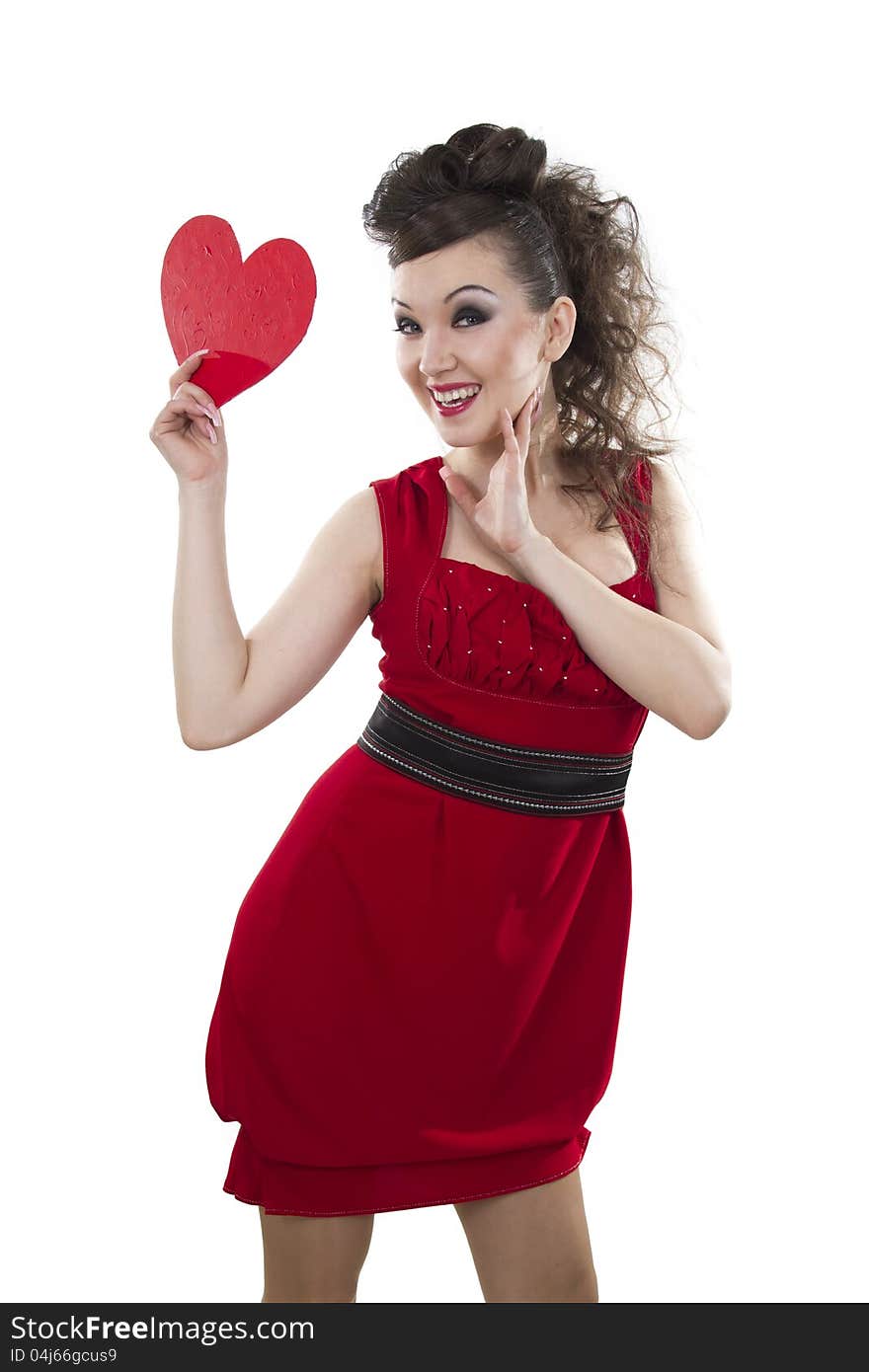 Beautiful Asian woman in a red dress shows the heart form - a love symbol. Beautiful Asian woman in a red dress shows the heart form - a love symbol