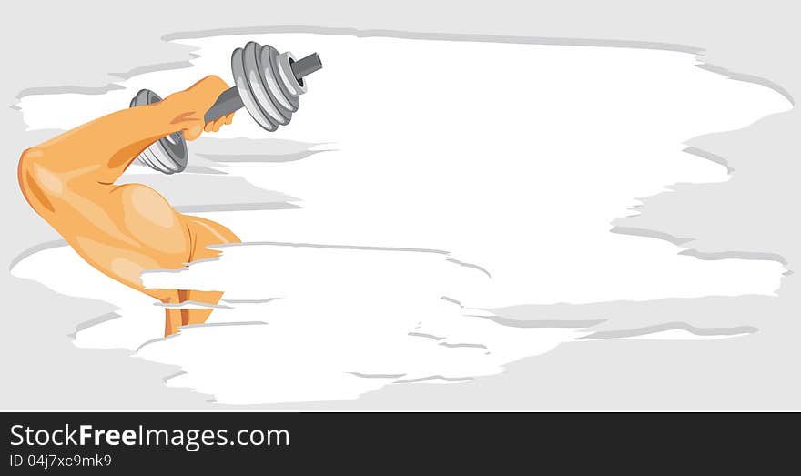 Masculine hand with dumbbell. Sport banner. Illustration