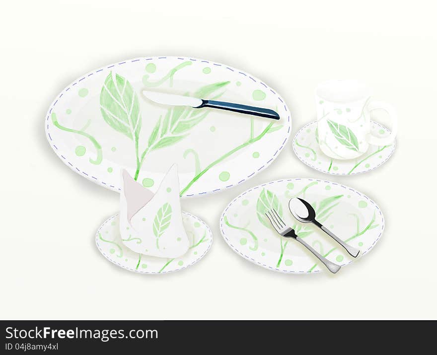 Ceramic Dish Set With Green Leaf Pattern