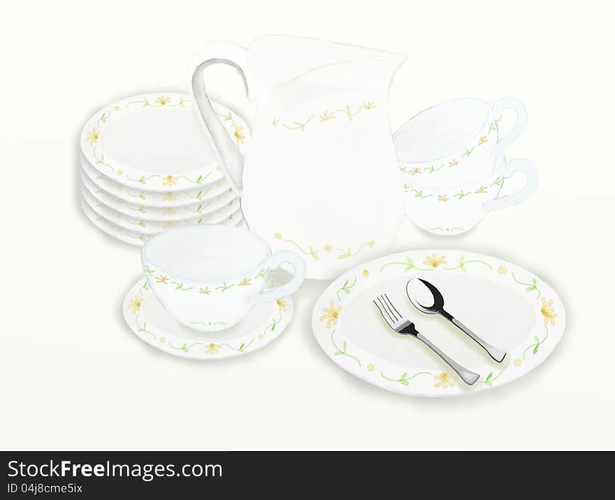 Teapots and tea accessories with floral pattern