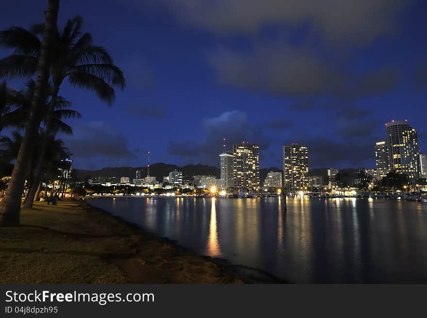 Honolulu city lights from Ala Moana magic island