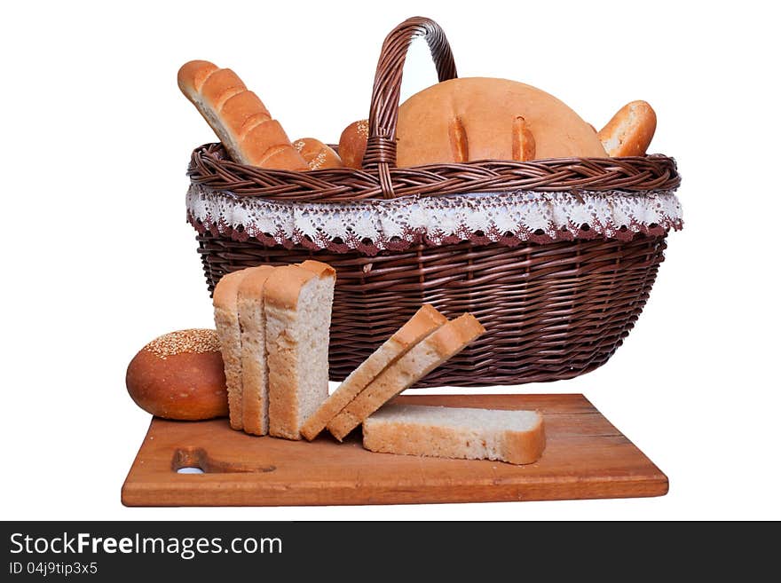 Bread on the board behind the basket