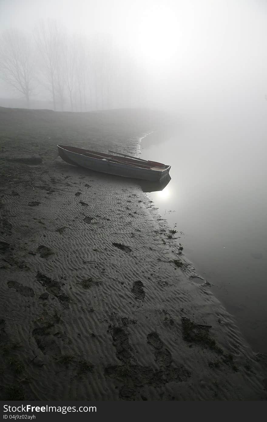 Boat on the river bank. Heavy fog. Boat on the river bank. Heavy fog.