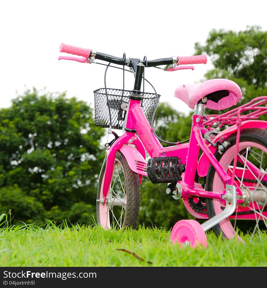 Pink bicycle in the park.