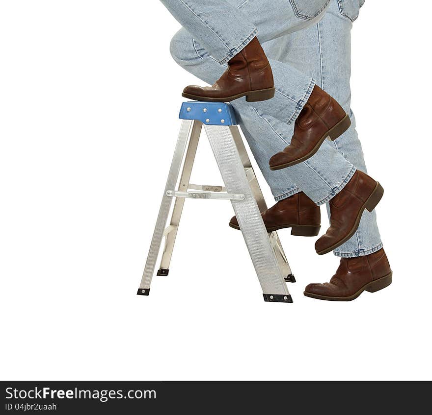 A man ascends a ladder isolated on white. A man ascends a ladder isolated on white