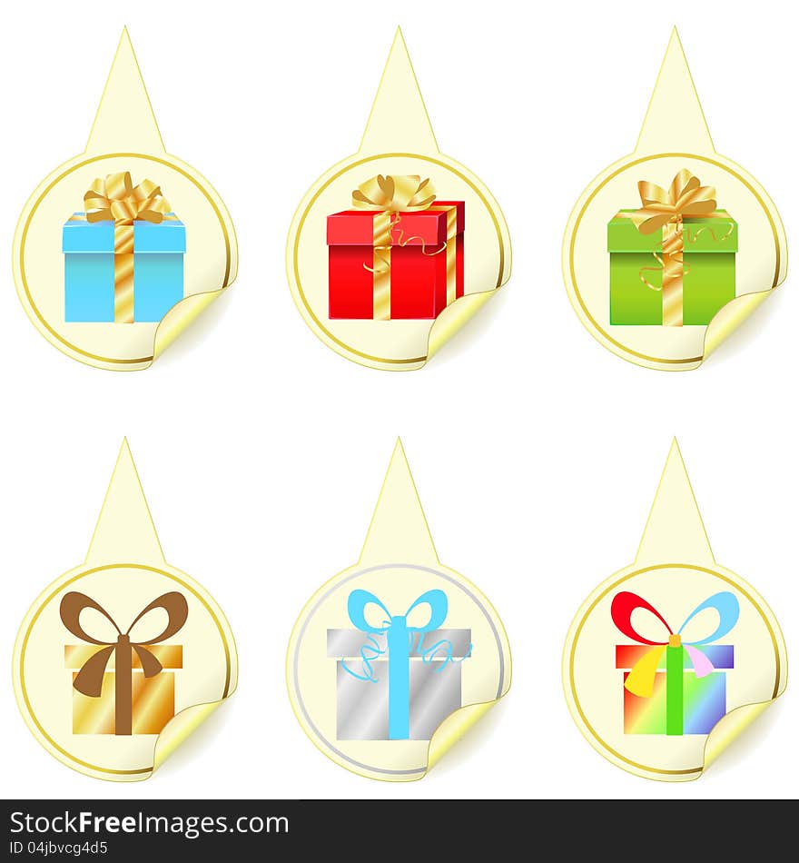 Six yellow pointers with different colorful presents. Six yellow pointers with different colorful presents