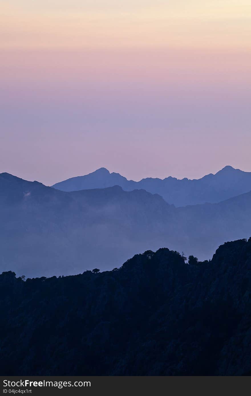 Sunset in mountains, landscape in Corsica