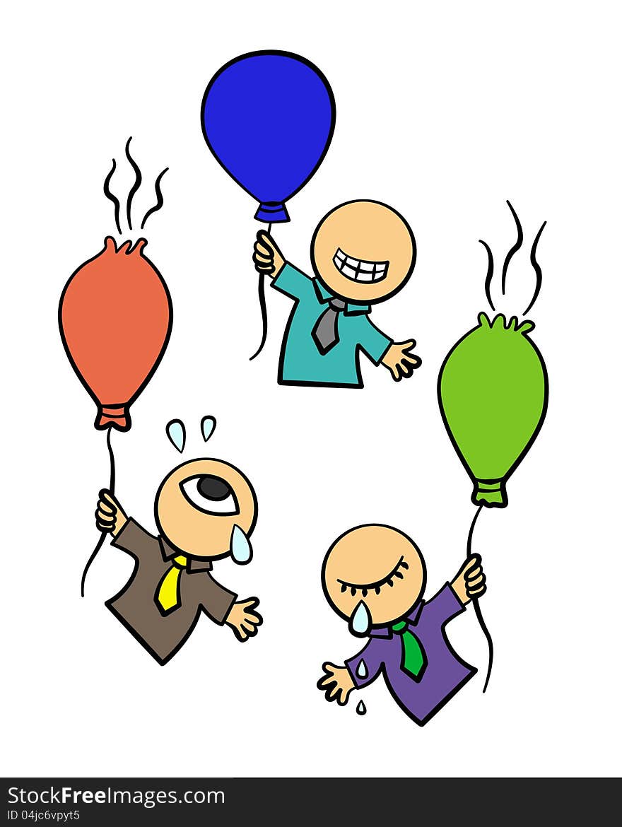 Illustration of three business men flying while holding on a balloon, two of them are falling. Illustration of three business men flying while holding on a balloon, two of them are falling