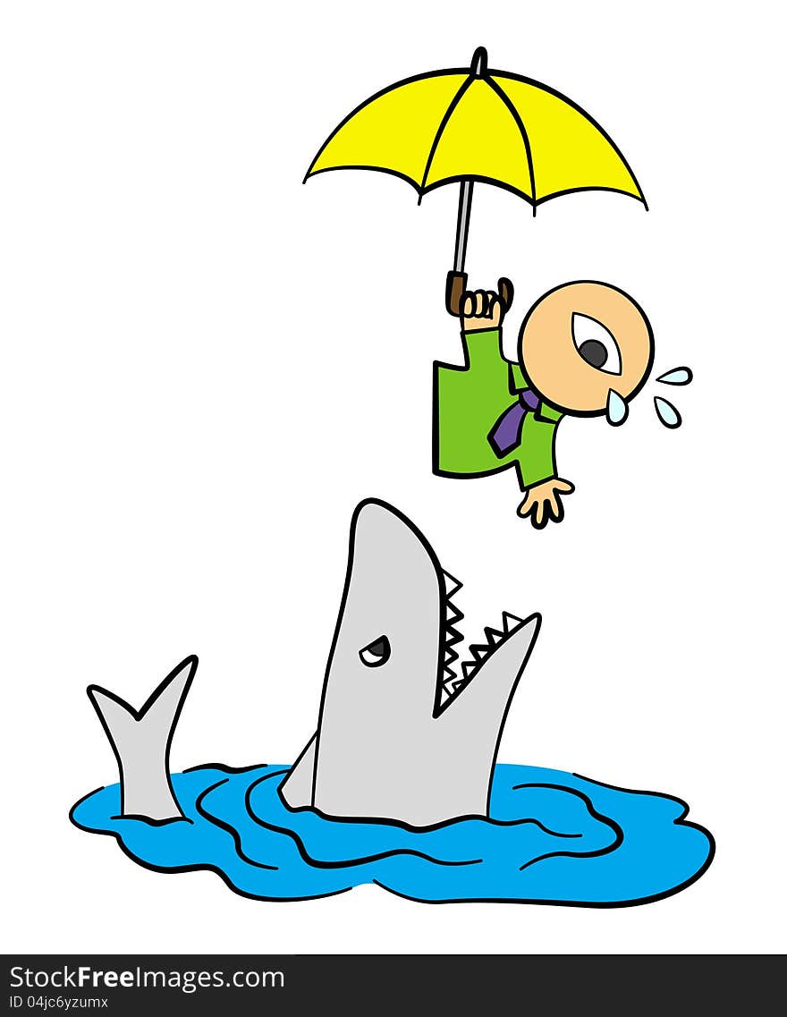 A business man falling and holding an umbrella while a shark is waiting for him below. A business man falling and holding an umbrella while a shark is waiting for him below