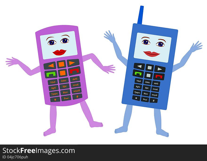 Cartoon illustration of two cellphones with happy faces. Cartoon illustration of two cellphones with happy faces