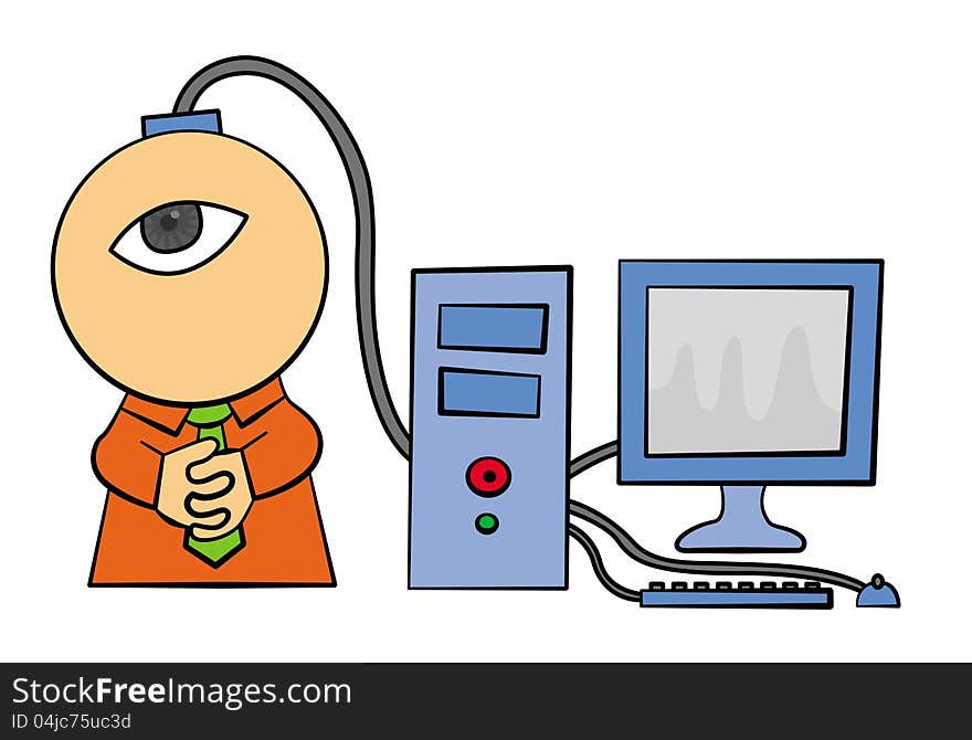 A cartoon character with his head plugged into a computer