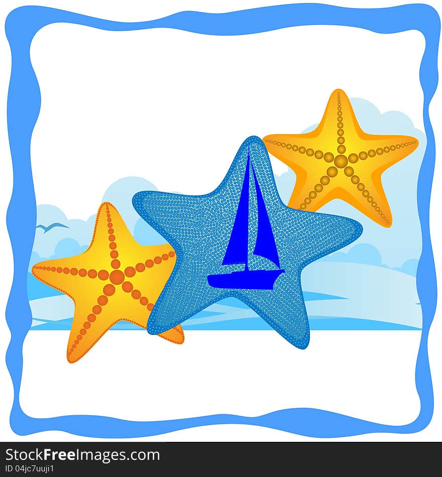 Starfish on the background of ocean waves and sky.