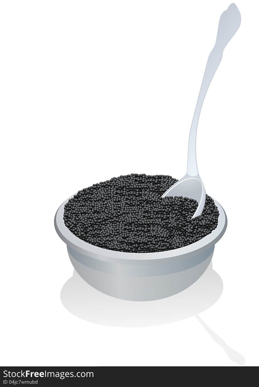 A cup and a spoon with sturgeon caviar. The illustration on a white background. A cup and a spoon with sturgeon caviar. The illustration on a white background.